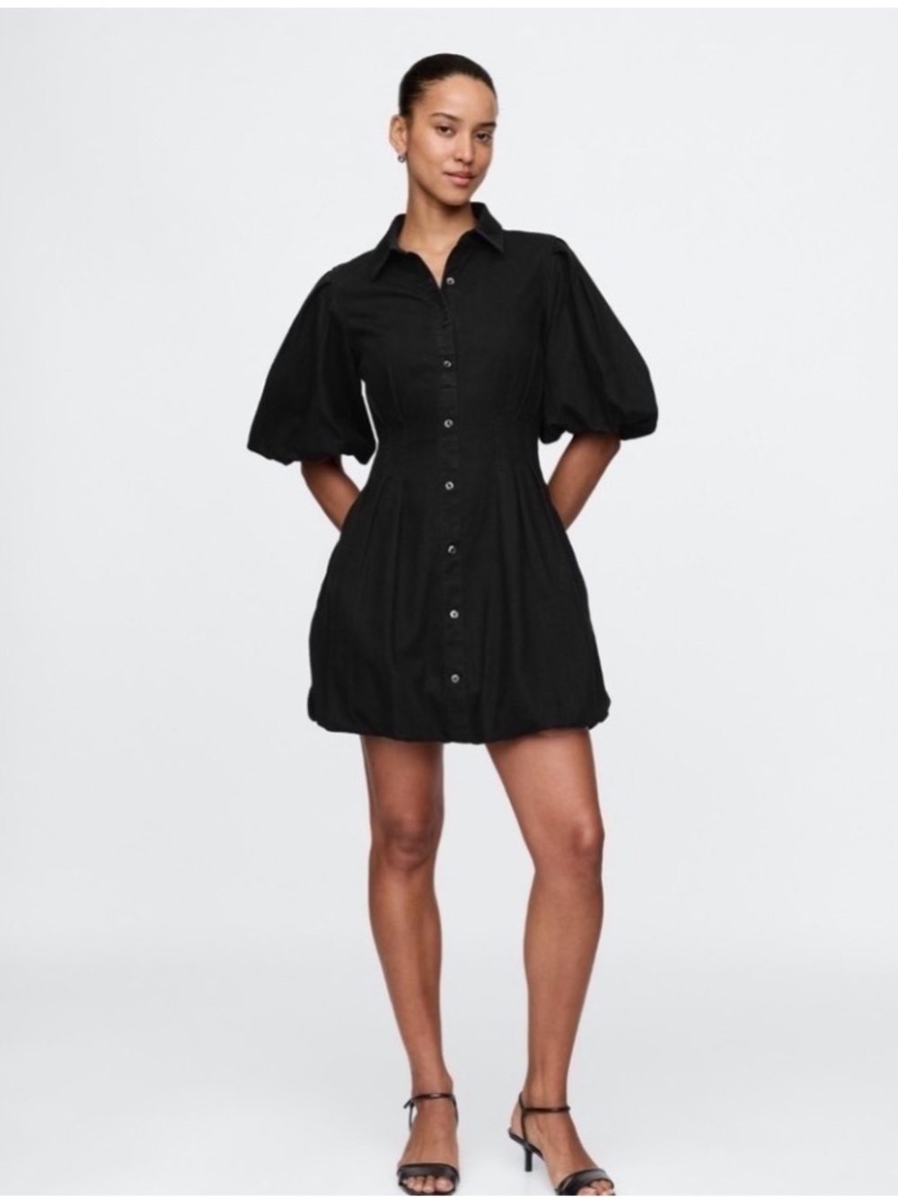GAP Black Puff-Sleeve Button-Front Bubble Mini Shirt Dress. Size M Petite